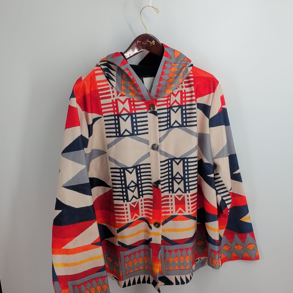 Emery Rose Button Front Aztec Print Hooded Coat Jacket Multicolor Size 4 XL
